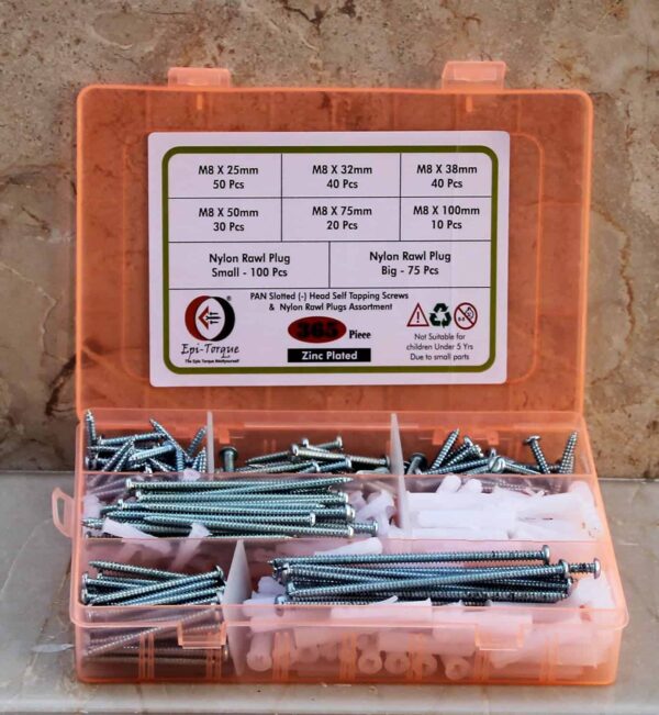365 Pcs PAN Slotted Head Zinc Plated Screws Different sizes With Matching Rawl Plugs Assortment Pack