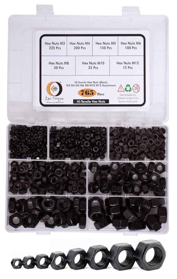 765 Pcs Hi Tensile Hexagonal Nuts 7 Sizes M3-M12 Assortment Pack