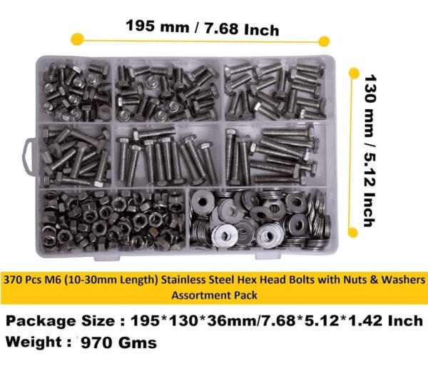 81JkAo2oNjL._SL1500_.jpg 370 Pcs Stainless Steel M6 Dia Hex Head Bolts With Matching Accessories Assortment Pack