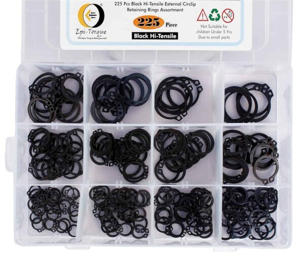 225 Pcs Hi Tensile External Circlip 12 Sizes 8-25mm Assortment Pack