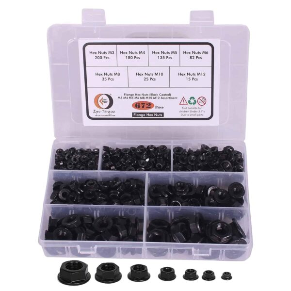 81M7lYQ6gWL._SL1500_.jpg 672 Pcs Mild Steel Black Coated Flange Nuts 7 Sizes M3-M12 Assortment Pack