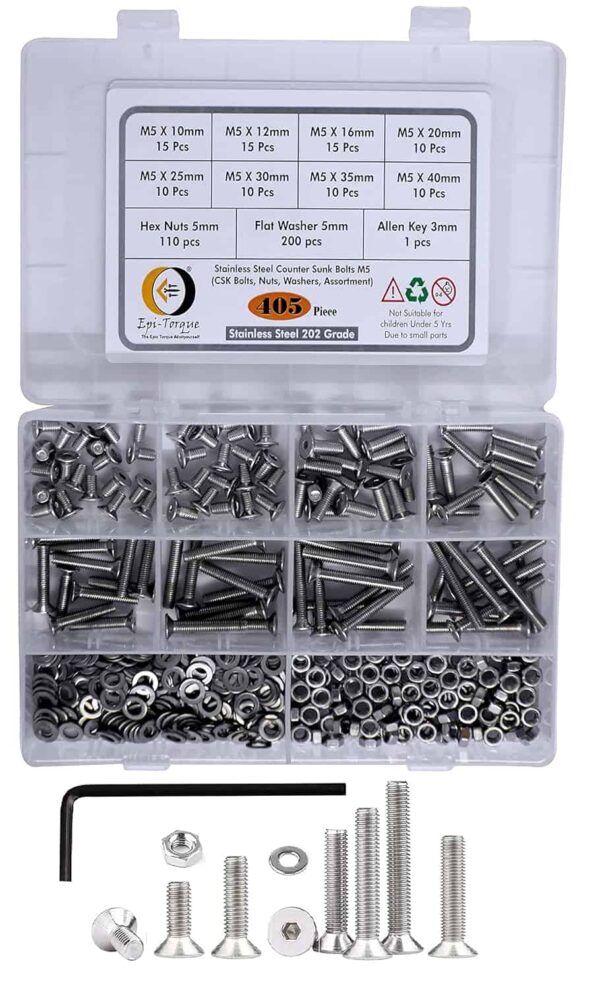 405 Pcs Stainless Steel M5 Dia Socket CSK Flat Head Bolts With Matching Accessories Assortment Pack
