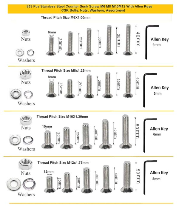 853 Pcs Stainless Steel M6 M8 M10 M12 Dia Socket CSK Flat Head Bolts With Matching Accessories Assortment Pack