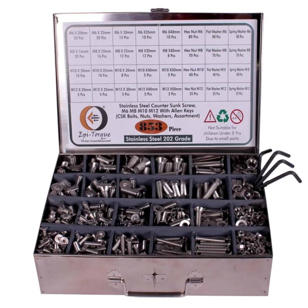 853 Pcs Stainless Steel M6 M8 M10 M12 Dia Socket CSK Flat Head Bolts With Matching Accessories Assortment Pack