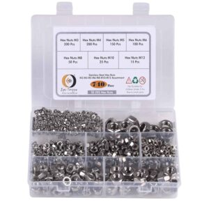 740 Pcs Stainless Steel Hexagonal Nuts 7 Sizes M3-M12 Assortment Pack