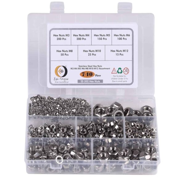 81nAbPV8KML._SL1500_.jpg 740 Pcs Stainless Steel Hexagonal Nuts 7 Sizes M3-M12 Assortment Pack