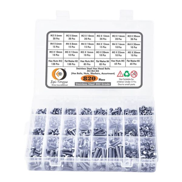 820-Pcs-M3-M4-M5-Dia-Stainless-Steel-Hex-Head-Bolts-Nuts-Washers-Assortment-Pack-1.jpg 820 Pcs Stainless Steel M3 M4 M5 Dia Hex Head Bolts With Matching Accessories Assortment Pack