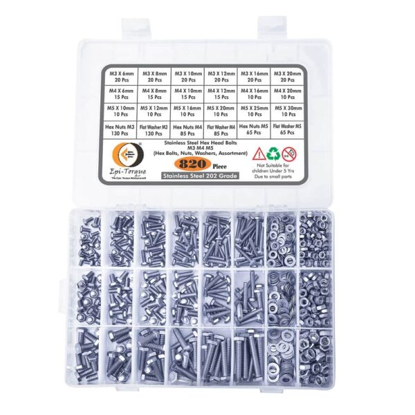 820-Pcs-M3-M4-M5-Dia-Stainless-Steel-Hex-Head-Bolts-Nuts-Washers-Assortment-Pack-2.jpg 820 Pcs Stainless Steel M3 M4 M5 Dia Hex Head Bolts With Matching Accessories Assortment Pack