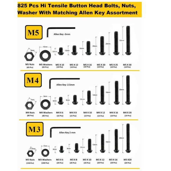 825 Pcs M3 M4 M5 Dia 10.9 Grade Hi Tensile Button Head Bolts Assortment Pack
