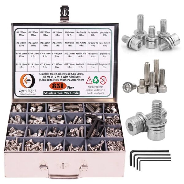 851-Pcs-M6-M8-M10-M12-Dia-Stainless-Steel-Socket-Head-Allen-Bolts-Assortment-Pack-1.jpg 851 Pcs Stainless Steel M6 M8 M10 M12 Dia Socket Head Allen Bolts With Matching Accessories Assortment Pack