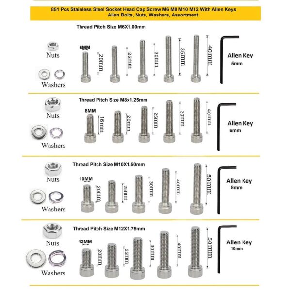 851-Pcs-M6-M8-M10-M12-Dia-Stainless-Steel-Socket-Head-Allen-Bolts-Assortment-Pack-4.jpg 851 Pcs Stainless Steel M6 M8 M10 M12 Dia Socket Head Allen Bolts With Matching Accessories Assortment Pack