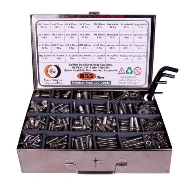 855-Pcs-M6-M8-M10-M12-Dia-Stainless-Steel-Button-Head-Bolts-Assortment-Pack-1.jpg 855 Pcs Stainless Steel M6 M8 M10 M12 Dia Socket Button Head Bolts With Matching Accessories Assortment Pack