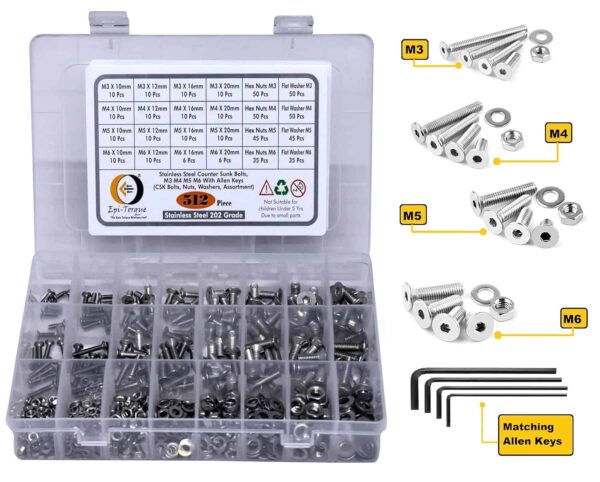 916k1Eg3p2L._SL1500_.jpg 512 Pcs Stainless Steel M3 M4 M5 M6 Dia Socket CSK Flat Head Bolts With Matching Accessories Assortment Pack