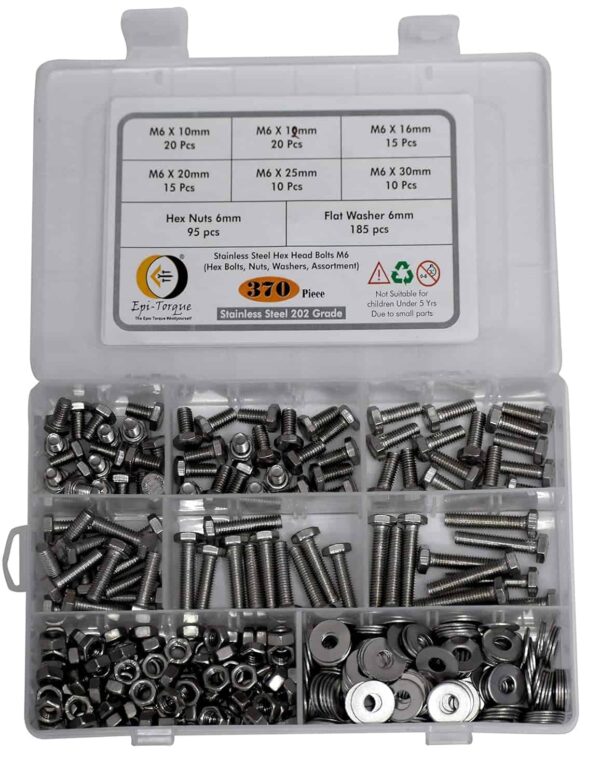 91k6biaswL._SL1500_.jpg 370 Pcs Stainless Steel M6 Dia Hex Head Bolts With Matching Accessories Assortment Pack