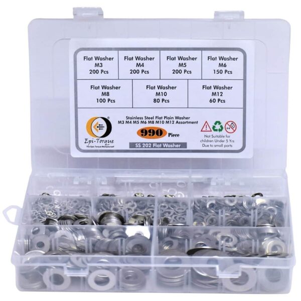 990-Pcs-Stainless-Steel-Flat-Washer-M3-M12-Assortment-Pack-2.jpg Stainless Steel Alloy Flat Fender Washers 7 Sizes M3, M4, M5, M6, M8, M10, M12 Assortment Pack | 990 Pcs Kit | Prevent Loose Fasteners