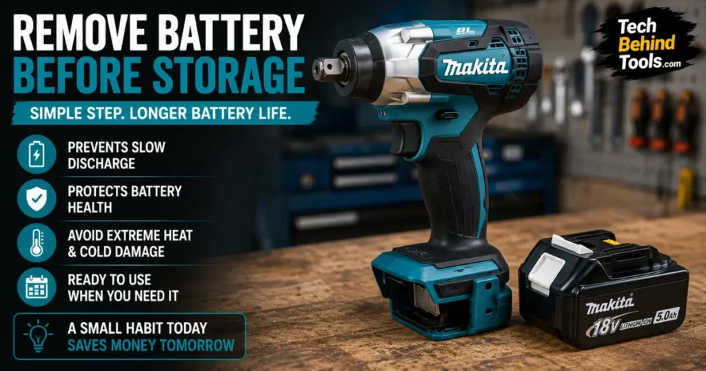 Removing battery from cordless drill for long-term storage.