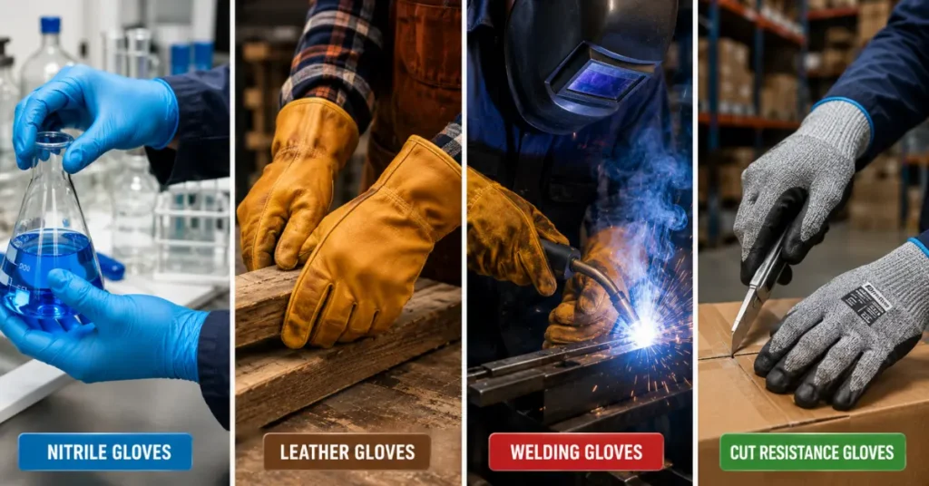 Comparision of nitrial gloves, leather gloves, welding gloves and cut resistance gloves