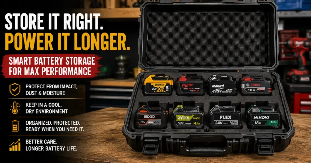 Protected storage case for cordless tool batteries.