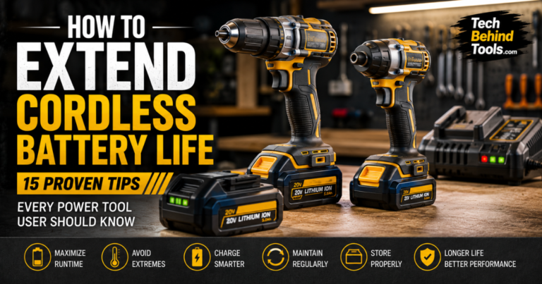 Cordless power tool batteries charging in a workshop