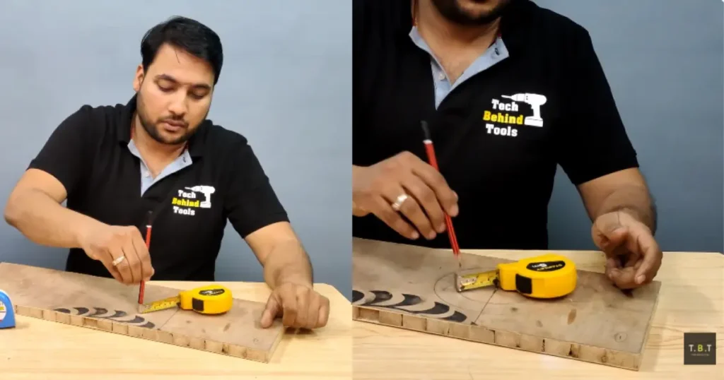 Drawing a circle using a measuring tape as a compass.