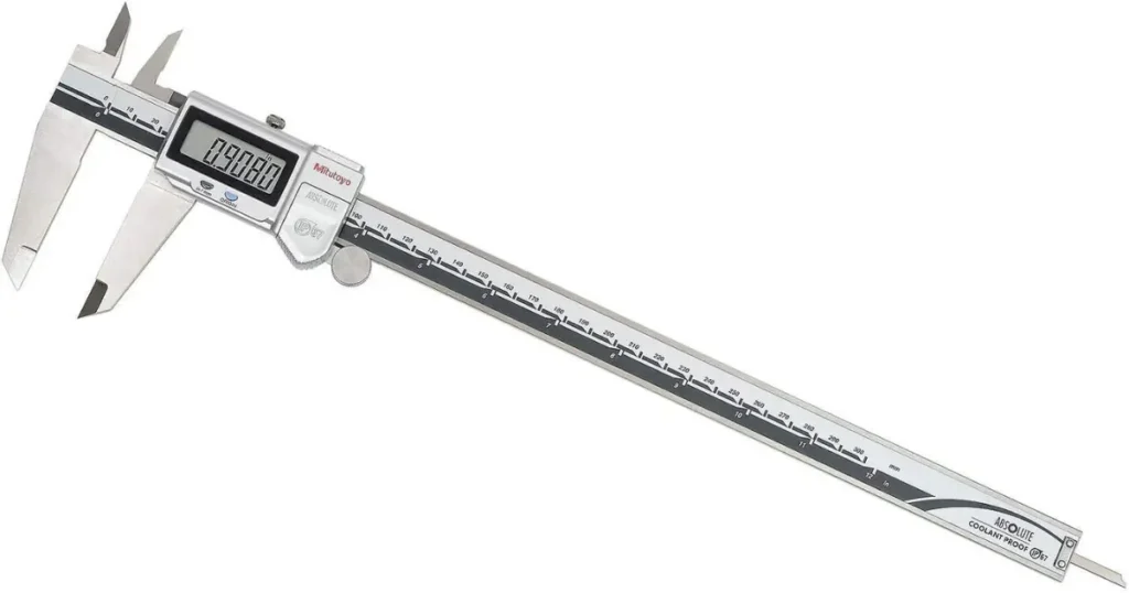 Mitutoyo 12-inch caliper measuring a fabricated steel component