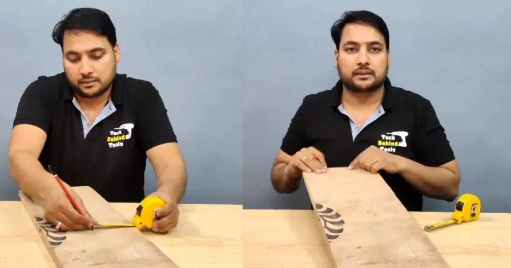 Using a measuring tape to draw straight lines on wood.