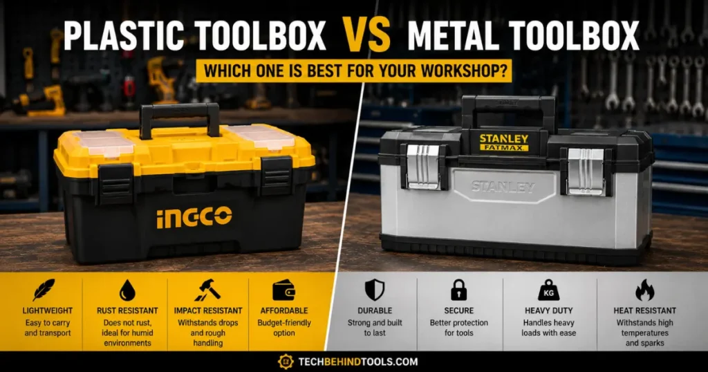 Plastic toolbox and metal toolbox side-by-side comparison.