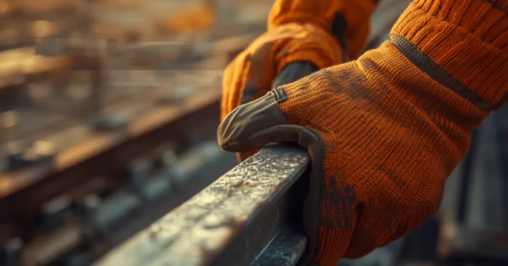 Construction Worker Wearing Safety Gloves While Handling Steel Materials
