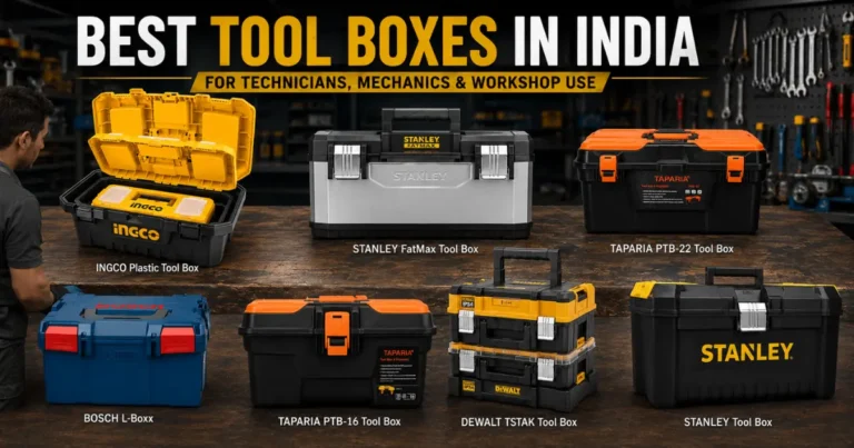 Stanley, DeWalt, Bosch, Taparia, INGCO, and Plantex tool boxes displayed inside a professional workshop