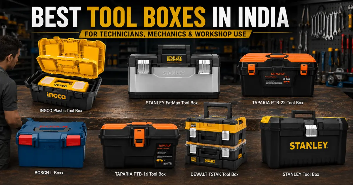Stanley, DeWalt, Bosch, Taparia, INGCO, and Plantex tool boxes displayed inside a professional workshop