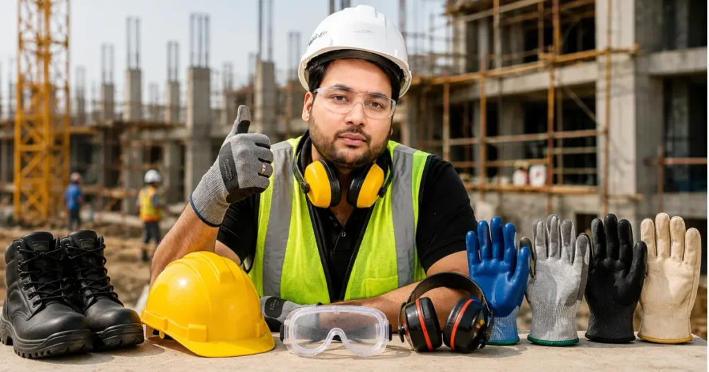 Construction Safety Equipment Including Gloves Helmet Goggles And Hearing Protection