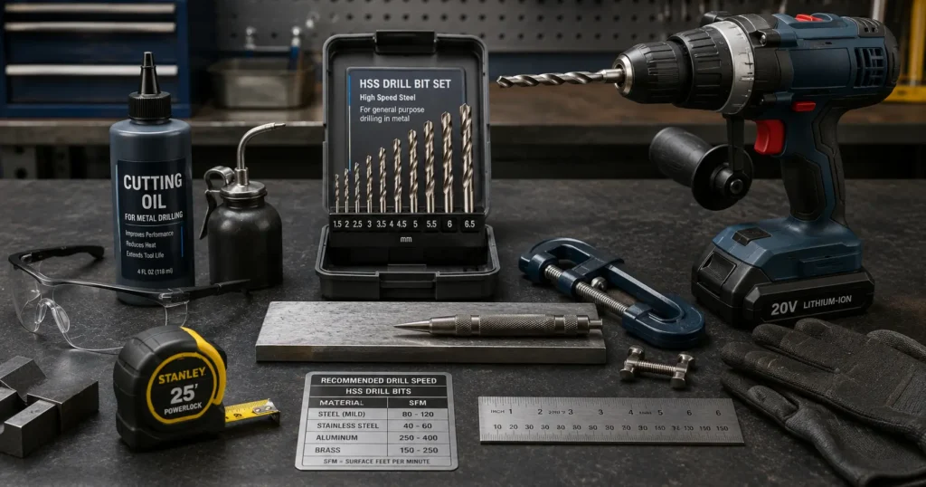 Tools required for drilling metal including HSS drill bits and cutting oil