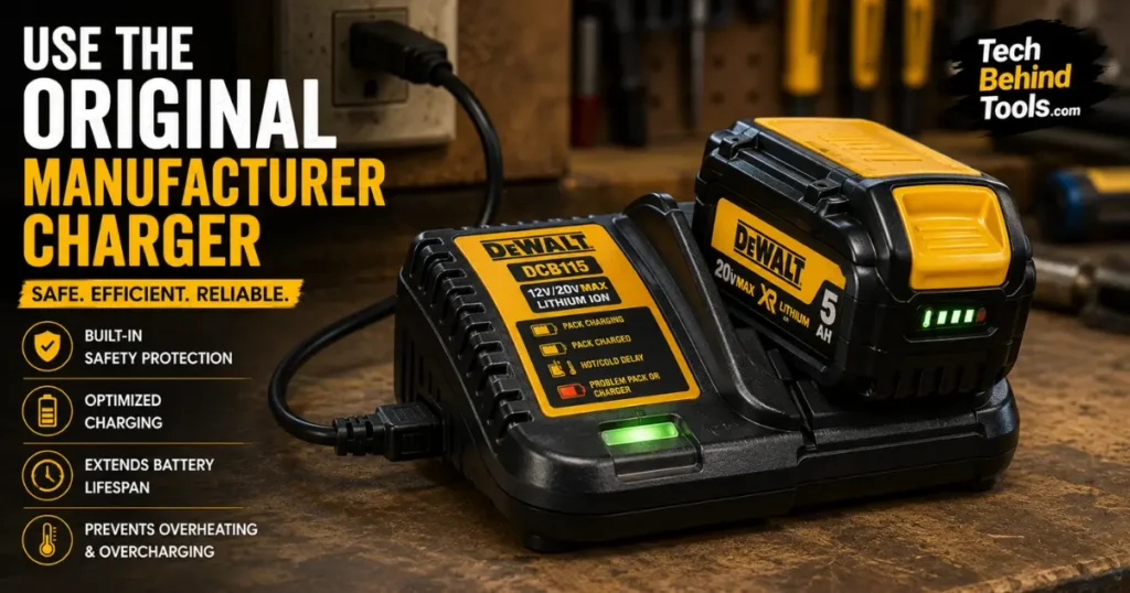 Cordless tool battery charging on its original charger