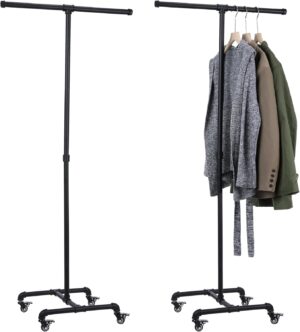 Pipecraft ROLLVIX – Industrial Rolling Clothing Rack Heavy-Duty GI Pipe Garment Stand with Wheels, Mobile Apparel Organizer for Bedroom, Boutique, Laundry & Retail Display, Black Finish