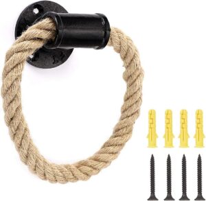 Pipe Craft ROPTRA – Rustic Industrial Rope Towel Ring, Heavy-Duty GI Pipe Wall Mounted Hand Towel Holder for Bathroom, Wash Basin and Kitchen, Natural Jute Rope with Black Hardware.