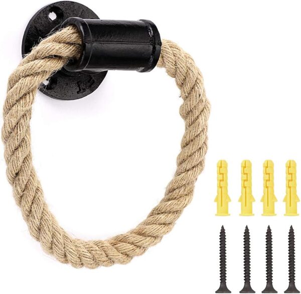 Pipe Craft ROPTRA – Rustic Industrial Rope Towel Ring, Heavy-Duty GI Pipe Wall Mounted Hand Towel Holder for Bathroom, Wash Basin and Kitchen, Natural Jute Rope with Black Hardware. Pipe Craft ROPTRA – Rustic Industrial Rope Towel Ring, Heavy-Duty GI Pipe Wall Mounted Hand Towel Holder for Bathroom, Wash Basin and Kitchen, Natural Jute Rope with Black Hardware.