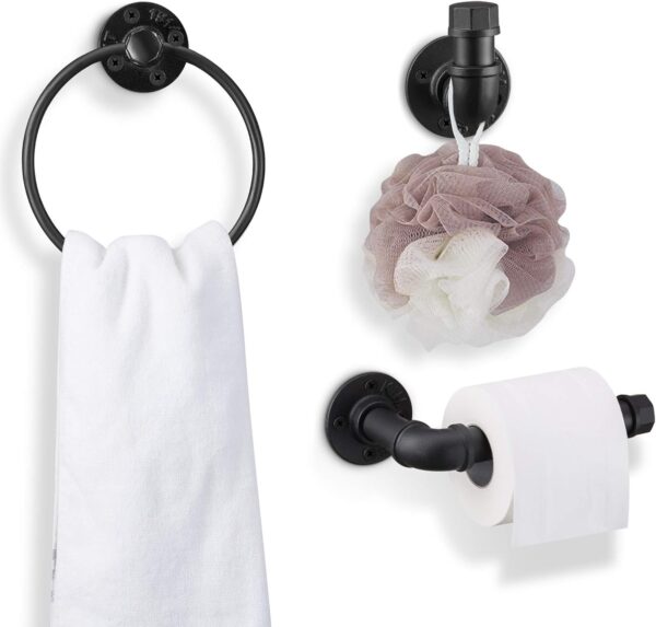 Pipe Craft TRILO – 3-Piece Industrial Bathroom Hardware Set | Towel Ring, Towel Bar & Robe Hook | Heavy-Duty Iron Pipe Fixtures | Matte Black Finish