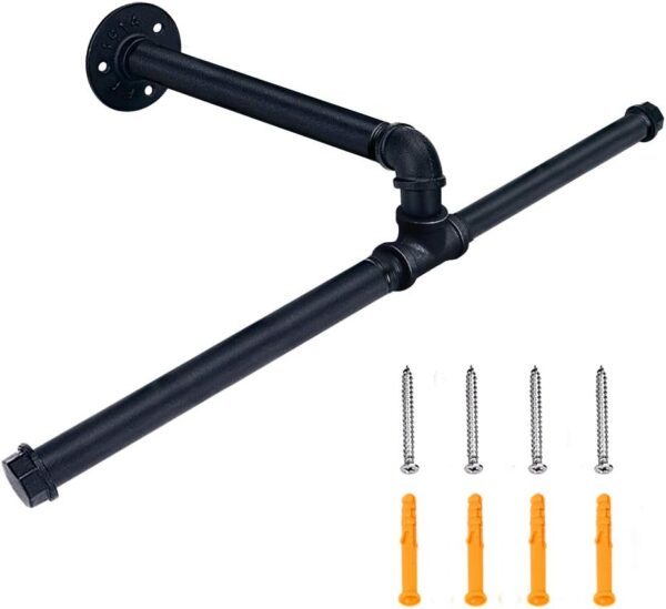 Pipecraft CANTRO – Industrial Iron Pipe Double-Bar Clothes Rack | Wall Mounted Garment Hanging Rod with Dual Arms | Matte Black Finish