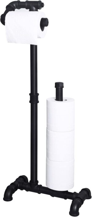 Pipe Craft GRUNDO – Industrial Free-Standing Toilet Paper Holder with Storage | Heavy-Duty Iron Pipe Bathroom Stand | Fits Standard & Jumbo Rolls | Matte Black Rustic Design