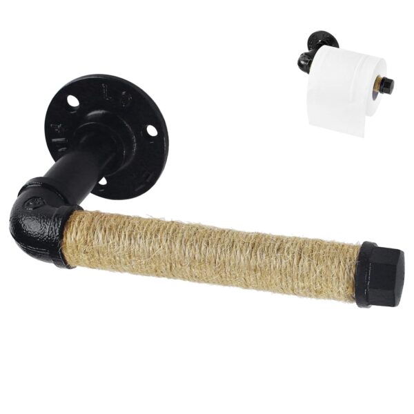 Pipe Craft JUTON – Industrial Rope Toilet Paper Holder | Rustic Farmhouse Wall Mounted Tissue Bar | Heavy-Duty GI Pipe Hardware | Matte Black & Natural Jute Finish