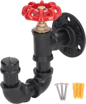 Pipecraft NEXOR – Industrial Valve Wall Hook | Heavy-Duty Iron Pipe U-Shaped Hook with Red Tap Handle for Coats, Bags & Towels | Matte Black Finish