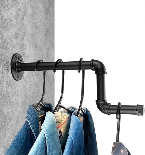 Pipe Craft RAVTO BLACK – Industrial Wall Mounted L-Shaped GI Pipe Clothing Rack Set of 2