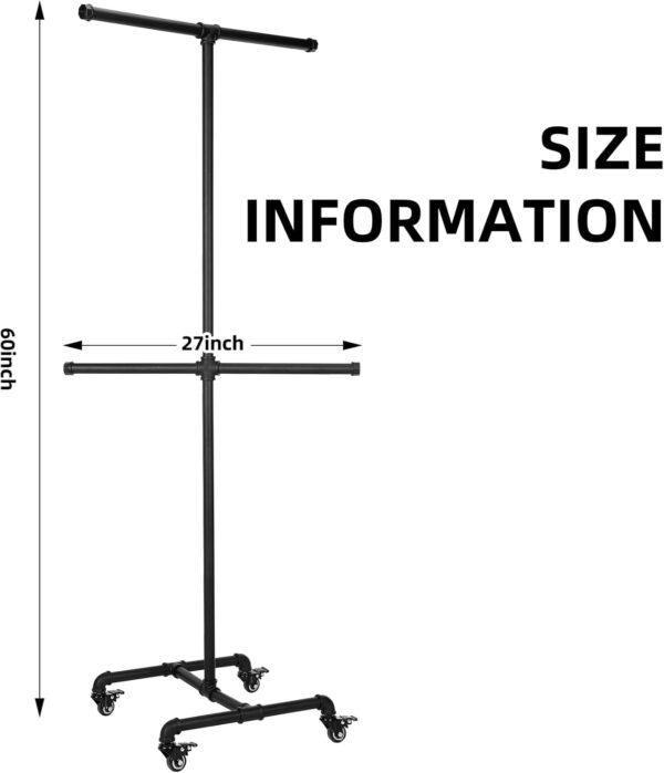 Pipe Craft TORIX – Double-Bar Industrial Clothing Rack with Wheels | Heavy-Duty GI Pipe Garment Stand | Rolling Wardrobe Organizer for Home & Retail | Matte Black Finish