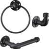 Pipe Craft TRILO – 3-Piece Industrial Bathroom Hardware Set | Towel Ring, Towel Bar & Robe Hook | Heavy-Duty Iron Pipe Fixtures | Matte Black Finish