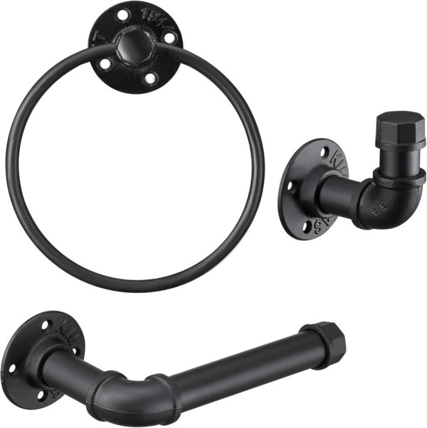 Pipe Craft TRILO – 3-Piece Industrial Bathroom Hardware Set | Towel Ring, Towel Bar & Robe Hook | Heavy-Duty Iron Pipe Fixtures | Matte Black Finish
