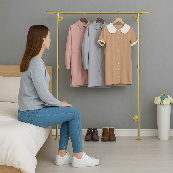 Pipe Craft MINARA GOLD – Luxury Industrial Wall & Floor Mounted Clothing Rack | Heavy-Duty Gold GI Pipe Garment Hanging System for Bedroom, Closet, Boutique & Laundry Rooms | Strong Metal Wardrobe Bar | Premium Gold Finish