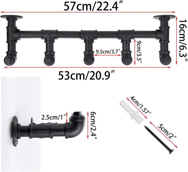 Pipe Craft BRONX – Industrial Iron Pipe Wall Hook Rack | 5-Hook Heavy-Duty Coat & Bag Hanger | Rustic Vintage Wall Mounted Organizer | Matte Black Finish
