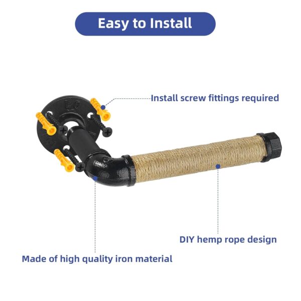 Pipe Craft JUTON – Industrial Rope Toilet Paper Holder | Rustic Farmhouse Wall Mounted Tissue Bar | Heavy-Duty GI Pipe Hardware | Matte Black & Natural Jute Finish