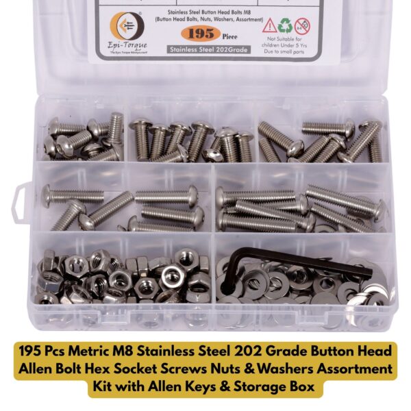 21 Metric M8 Stainless Steel 202 Grade Button Head Allen Bolt Hex Socket Screws Nuts & Washers Assortment Kit with Allen Keys & Storage Box - 195 Pieces