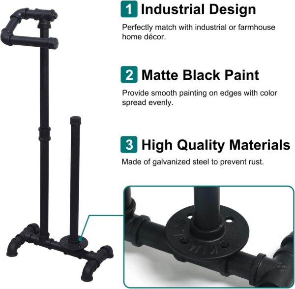 3 Pipe Craft GRUNDO – Industrial Free-Standing Toilet Paper Holder with Storage | Heavy-Duty Iron Pipe Bathroom Stand | Fits Standard & Jumbo Rolls | Matte Black Rustic Design